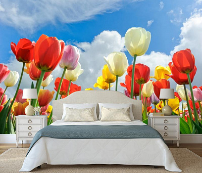 Тюльпаны под голубым небом в интерьере спальни
