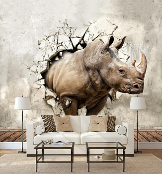 Носорог в стене в интерьере гостиной с диваном