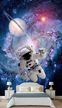 Космонавт в открытом космосе в интерьере спальни