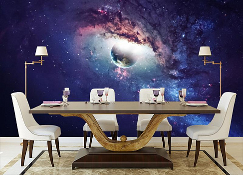 Планета в космосе в интерьере кухни с большим столом