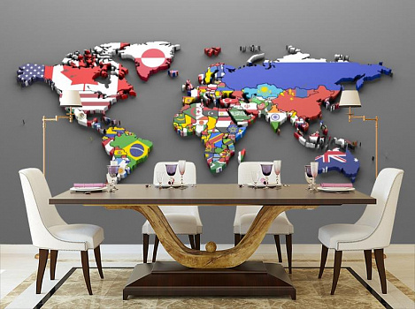Карта мира из флагов стран в интерьере кухни с большим столом