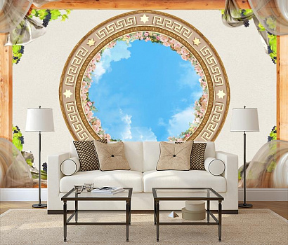 Голубое небо в цветах в интерьере гостиной с диваном