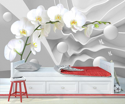 Белая орхидея с шарами в интерьере детской комнаты мальчика