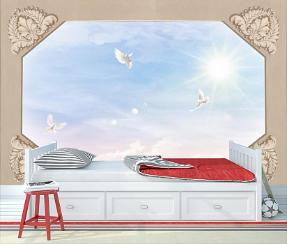 Белые голуби в небе в интерьере детской комнаты мальчика