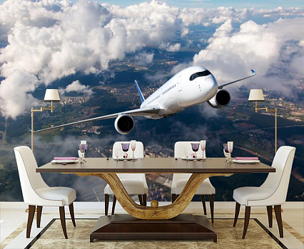 Самолет в высоте в интерьере кухни с большим столом