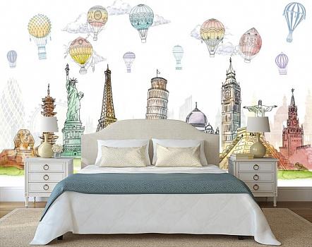 Воздушные шары над известными памятниками мира в интерьере спальни