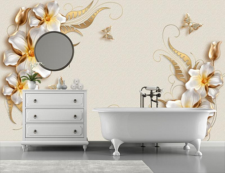 Белые цветы с золотом в интерьере ванной